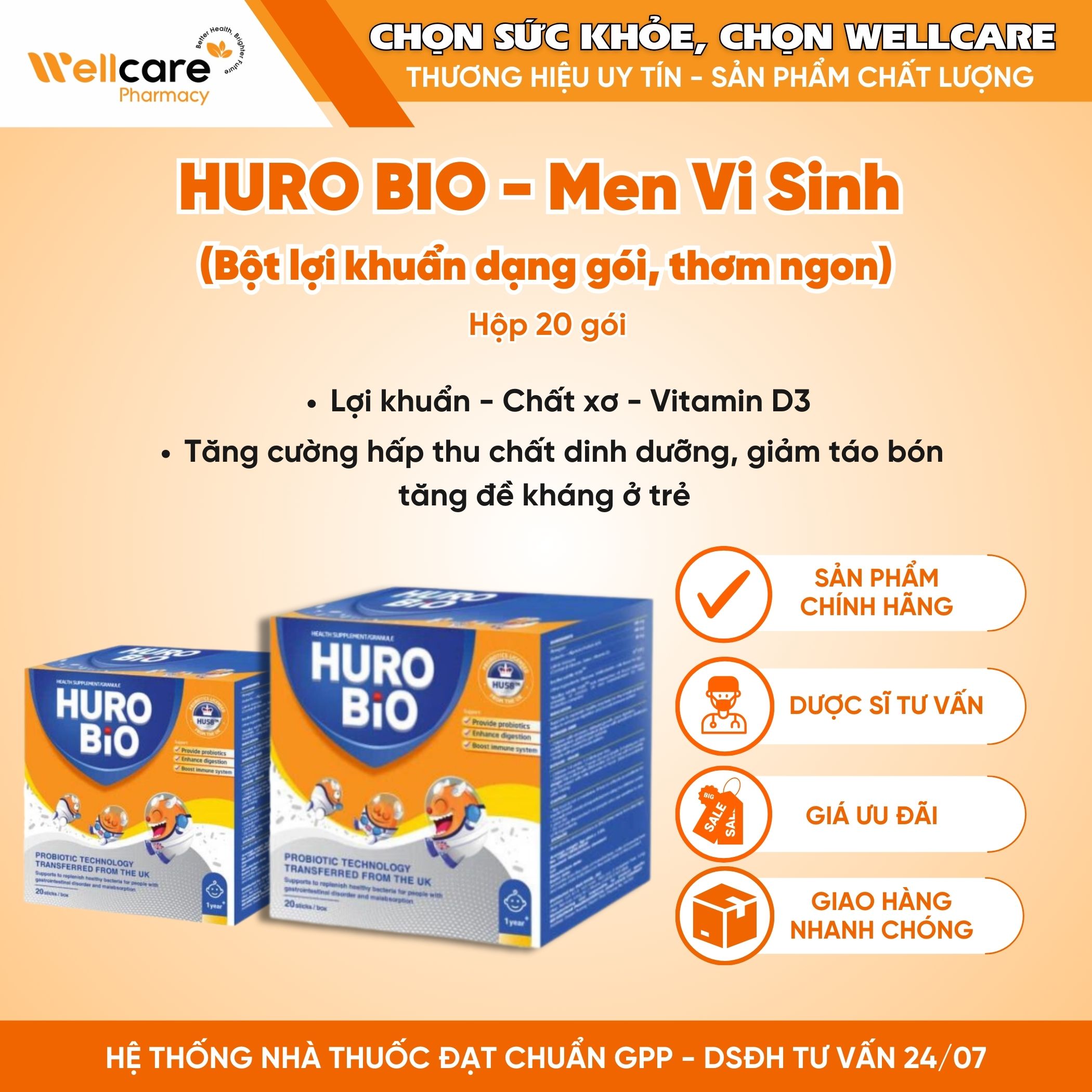 Bột lợi khuẩn Huro Bio –  Tăng sức đề kháng, bổ sung lợi khuẩn đường ruột, cải thiện hệ tiêu hoá (Hộp 20 gói)