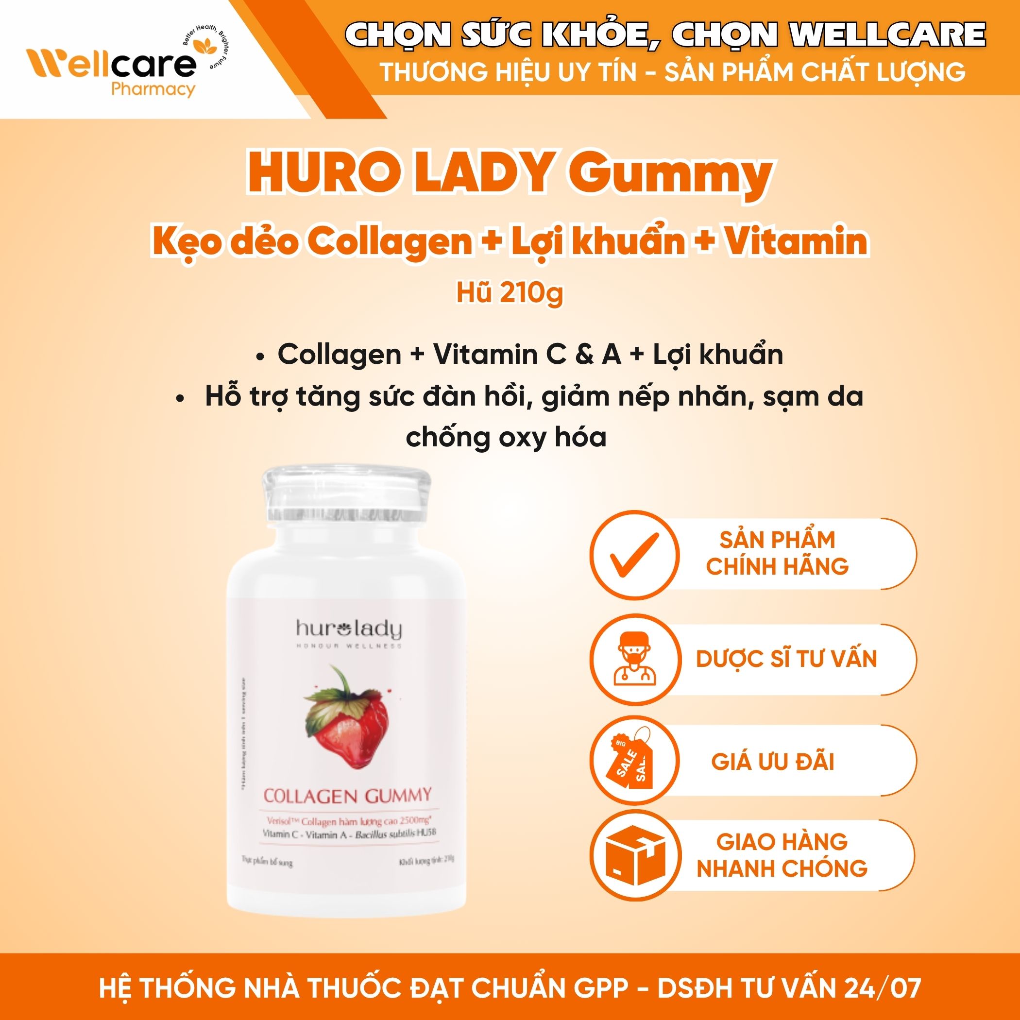 Kẹo dẻo Huro Lady Collagen Gummy – Cải thiện độ đàn hồi,nếp nhăn trên da, chống oxy hóa (Hũ 210g)