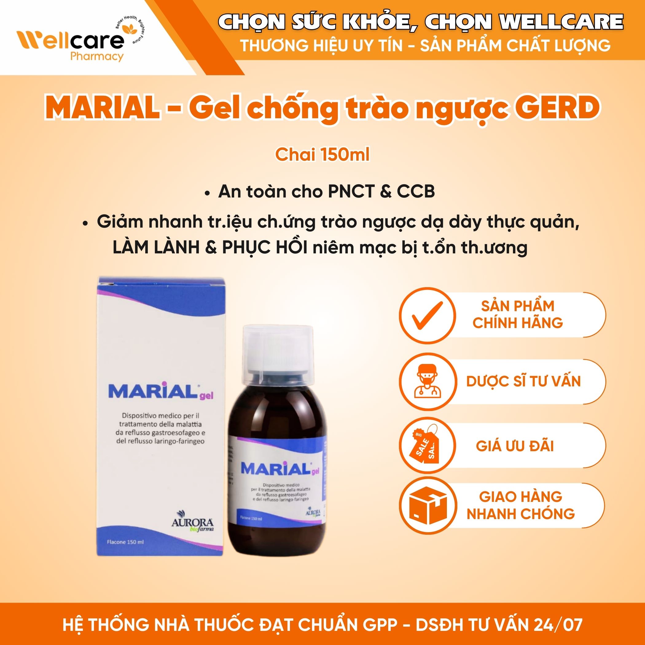 Marial Gel – Chống trào ngược dạ dày thực quản, bảo vệ, tái tạo và phục hồi niêm mạc họng (150ml)