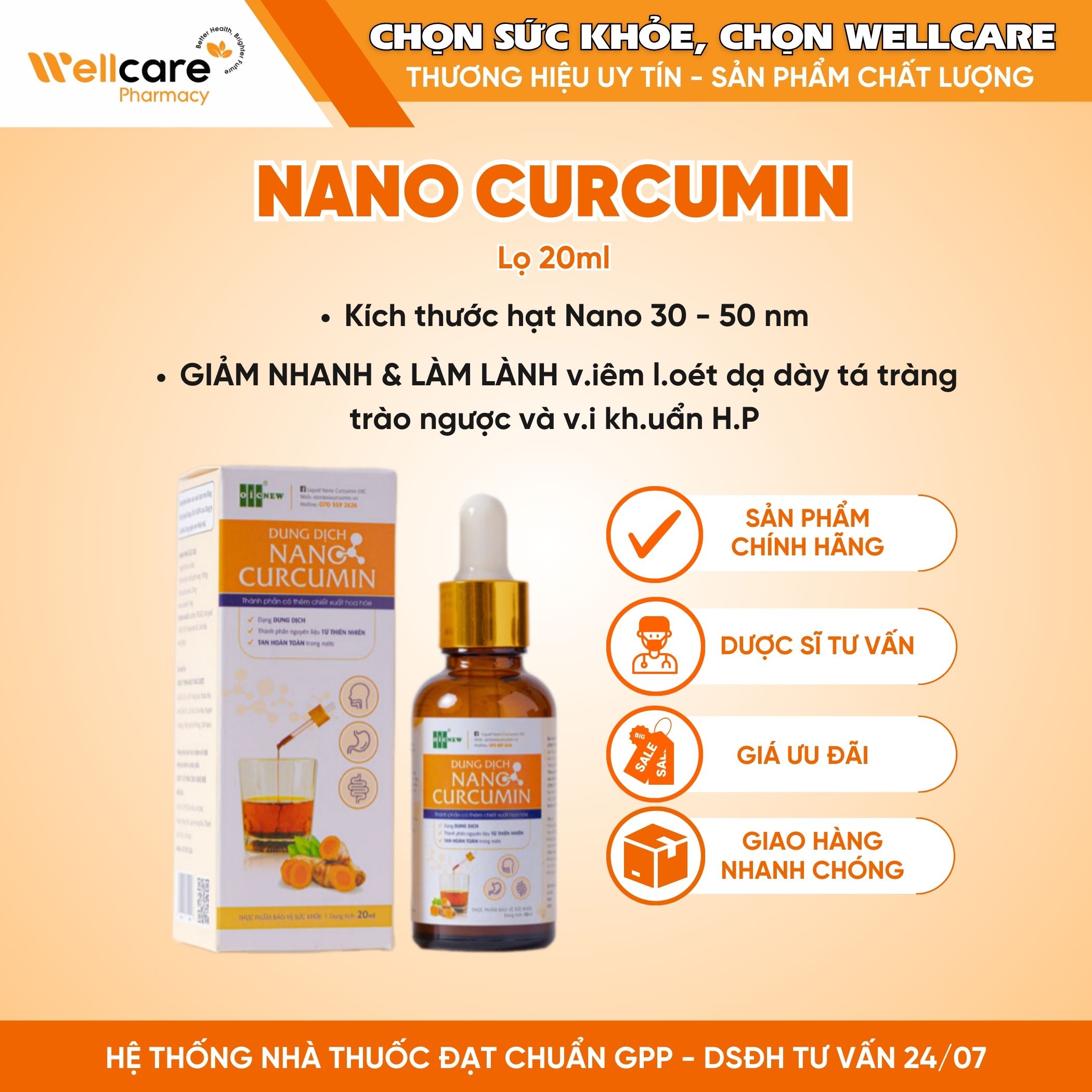 Nano Curcumin Liquid – Dung dịch nano nghệ hỗ trợ giảm acid dịch vị, giúp bảo vệ niêm mạc dạ dày-tá tràng (Lọ 20ml)