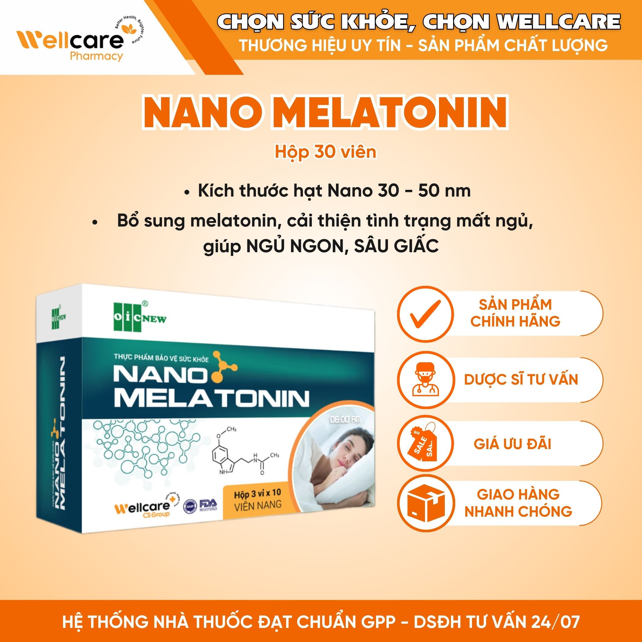 Nano Melatonin OIC NEW – Hỗ trợ cải thiện tình trạng mất ngủ, giúp ngủ ngon (Hộp 3 vỉ x 10 viên)