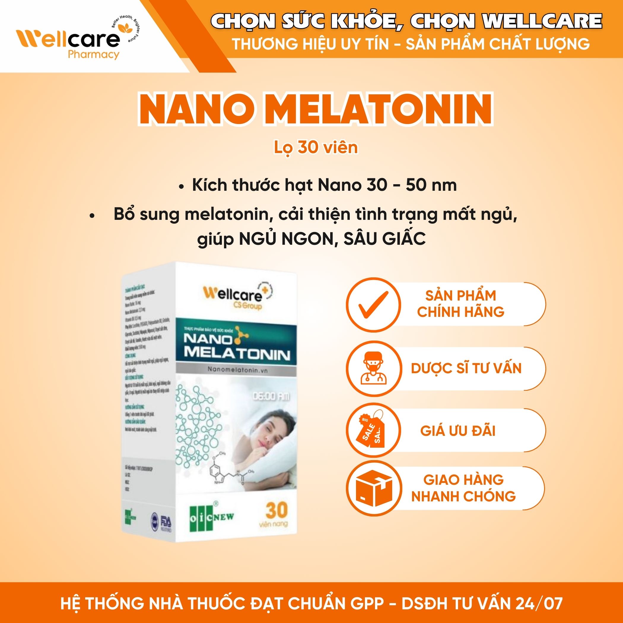 Nano Melatonin OIC NEW – Hỗ trợ cải thiện tình trạng mất ngủ, giúp ngủ ngon (Lọ 30 viên)