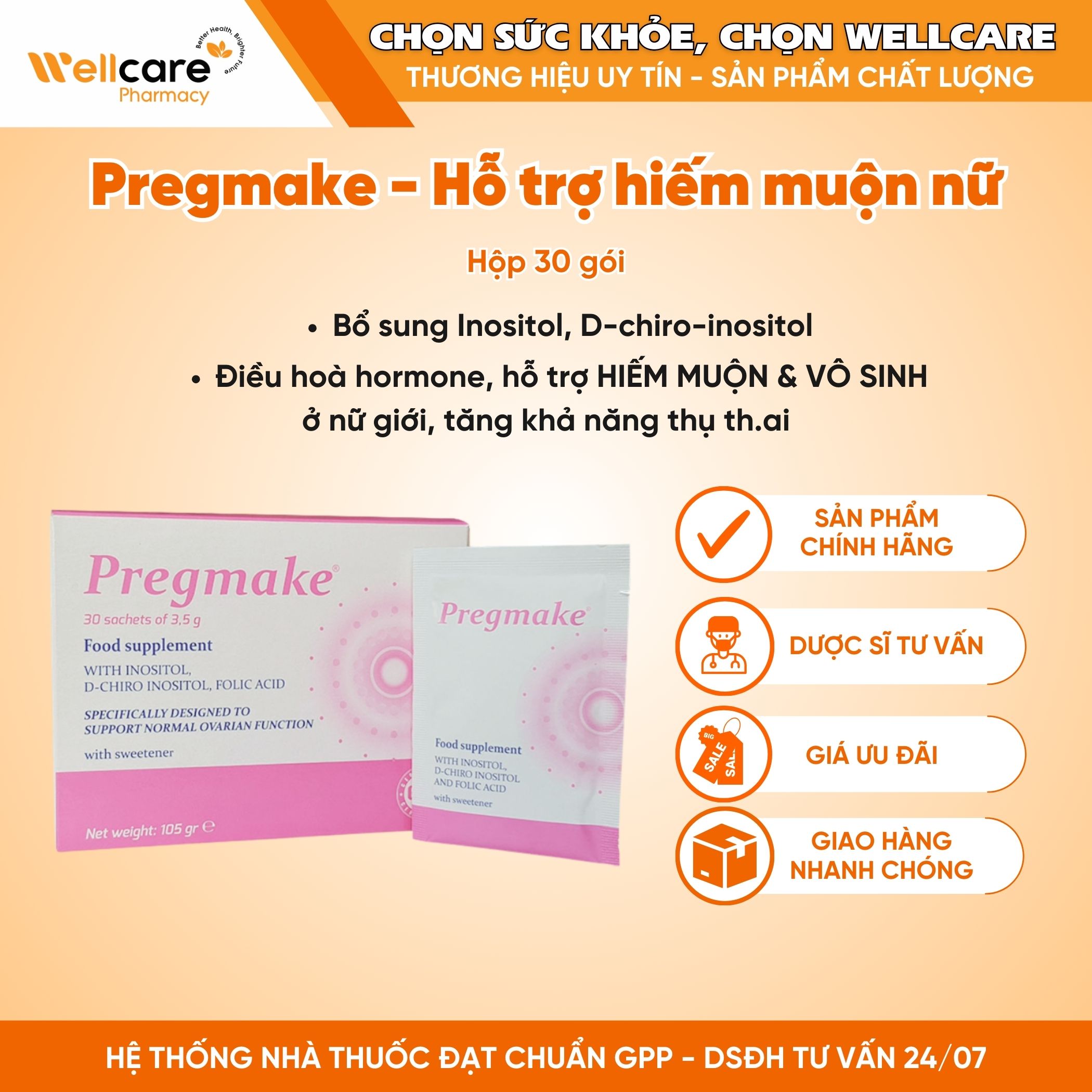 Pregmake – Hỗ trợ sức khỏe sinh sản nữ giới, tăng khả năng thụ thai (Hộp 30 gói x 3.5g)