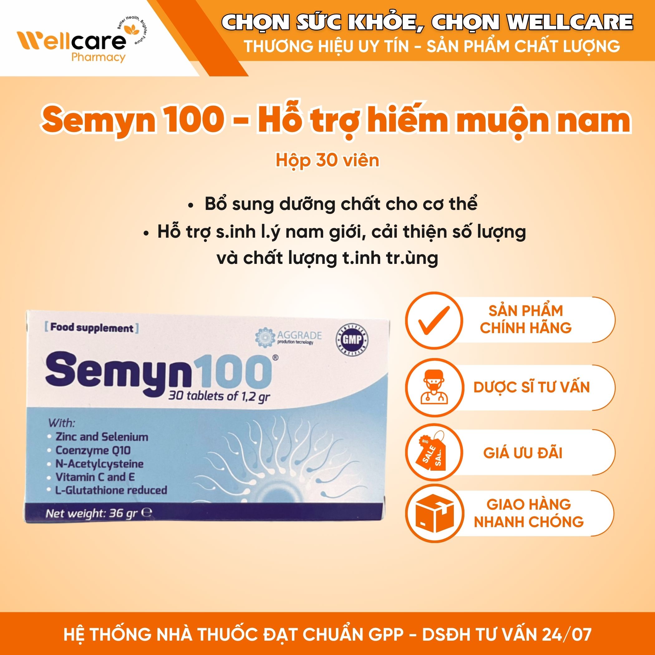 Semyn 100 – Hỗ trợ tăng cường chất lượng tinh trùng nam giới (Hộp 3 vỉ x 10 viên)