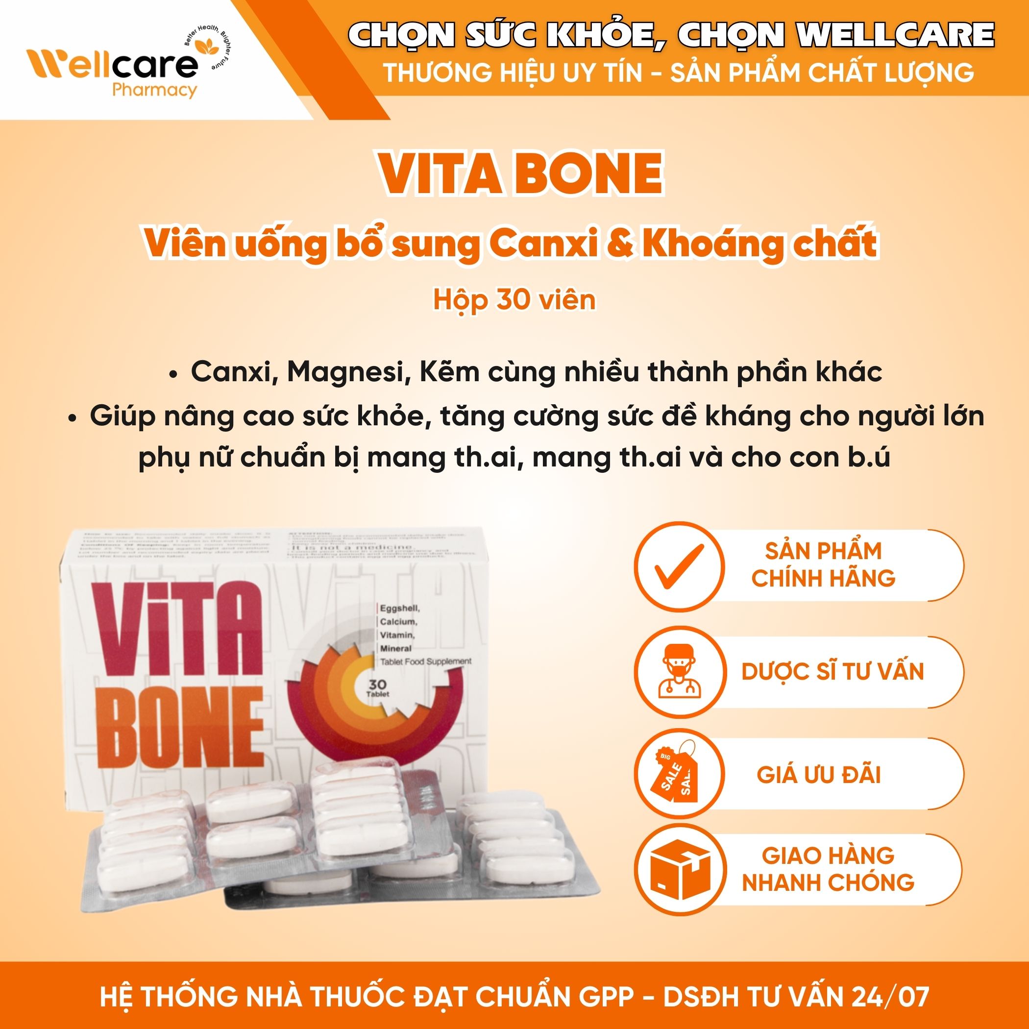 Vitabone – Cung cấp Calci, Vitamin, Khoáng chất (Hộp 3 vỉ x 10 viên)