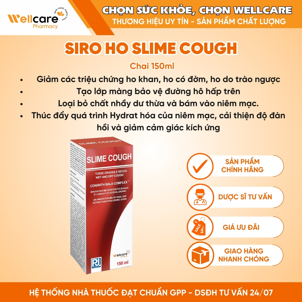 Siro ho Slime Cough – Giúp làm dịu cơn ho, ho khan, ho có đờm, ho do trào ngược (Chai 150ml)