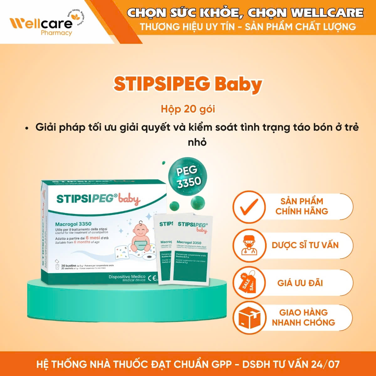 STIPSIPEG Baby – Bột pha hỗn dịch nhuận tràng cải thiện tình trạng táo bón cho trẻ (20 gói x 5g)