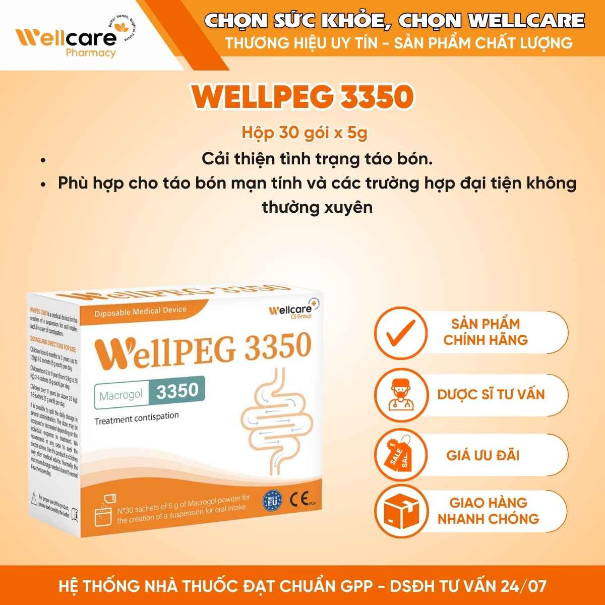 WellPEG 3350 – Bột nhuận tràng Macrogol 3350, giúp giảm táo bón cho trẻ em và người lớn (Hộp 30 gói)