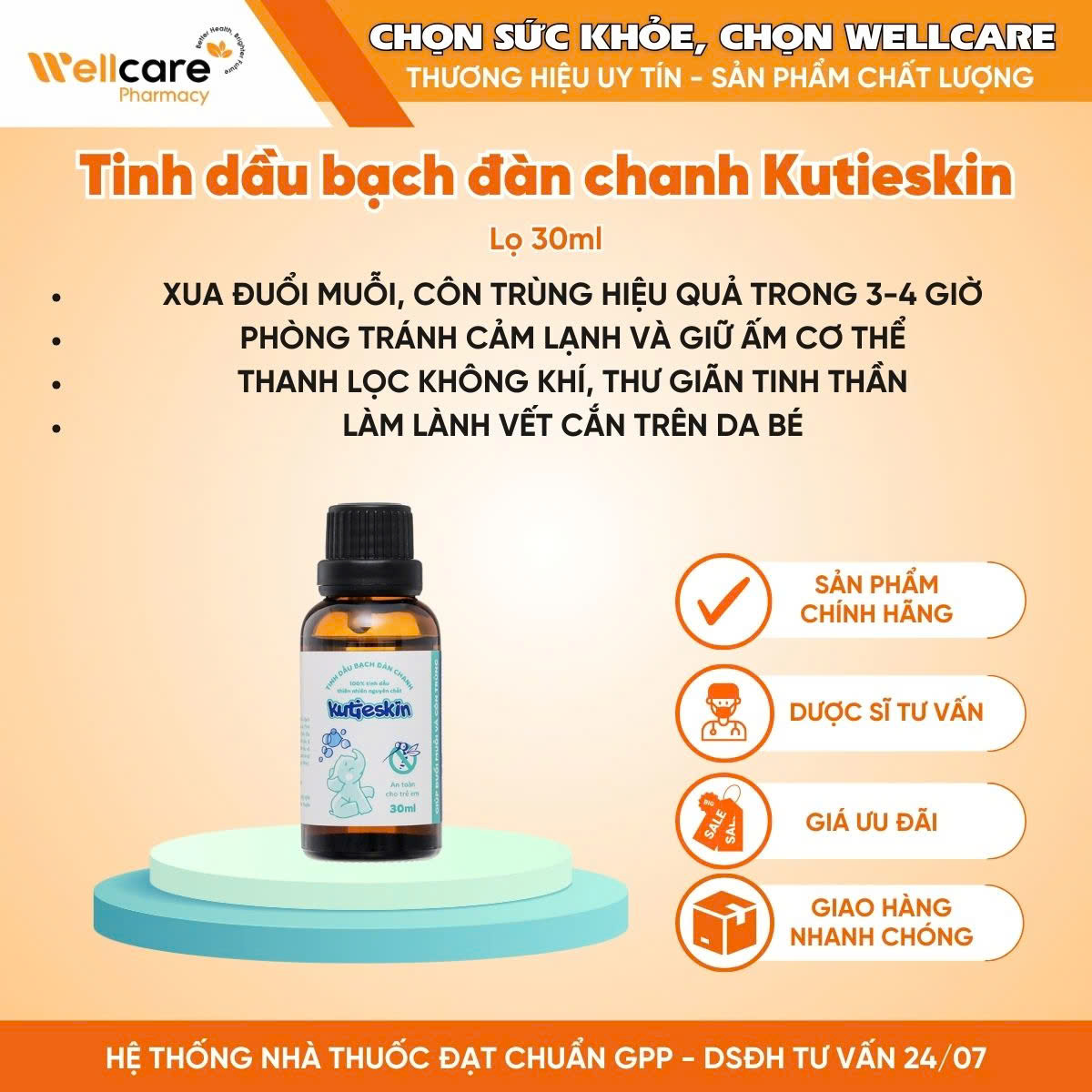 Tinh dầu bạch đàn chanh Kutieskin giúp đuổi muỗi và côn trùng, dịu vết sưng tấy, làm dịu da (30ml)