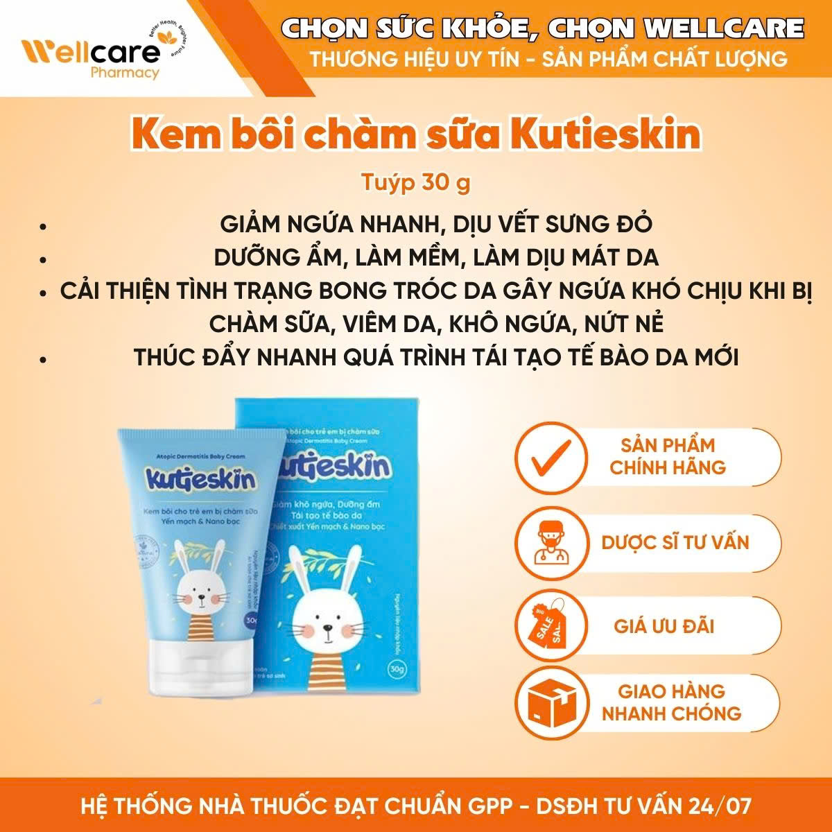 Kem bôi cho trẻ em bị chàm sữa Kutieskin giảm ngứa, kháng viêm, cải thiện bong tróc da (30g)