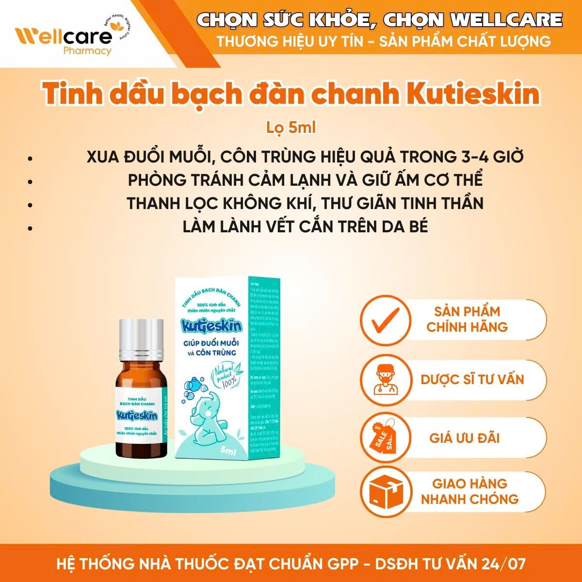 Tinh dầu bạch đàn chanh Kutieskin giúp đuổi muỗi và côn trùng, dịu vết sưng tấy, làm dịu da (5ml)