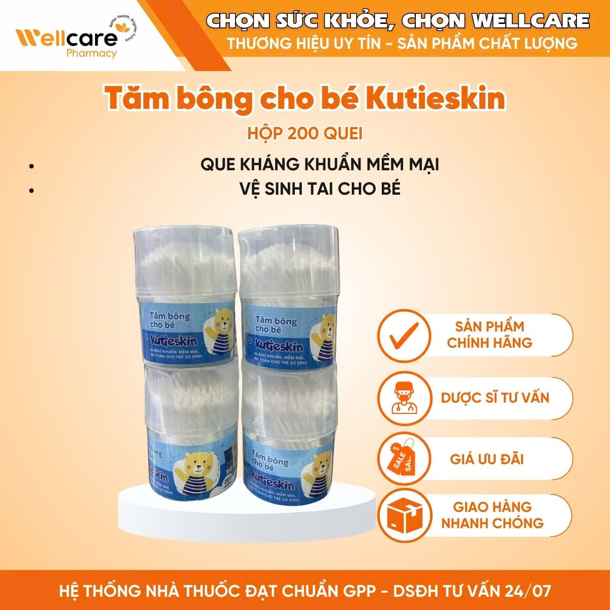 Tăm bông Kutieskin – Que kháng khuẩn mềm mại vệ sinh tai cho bé (Hộp 200 que)