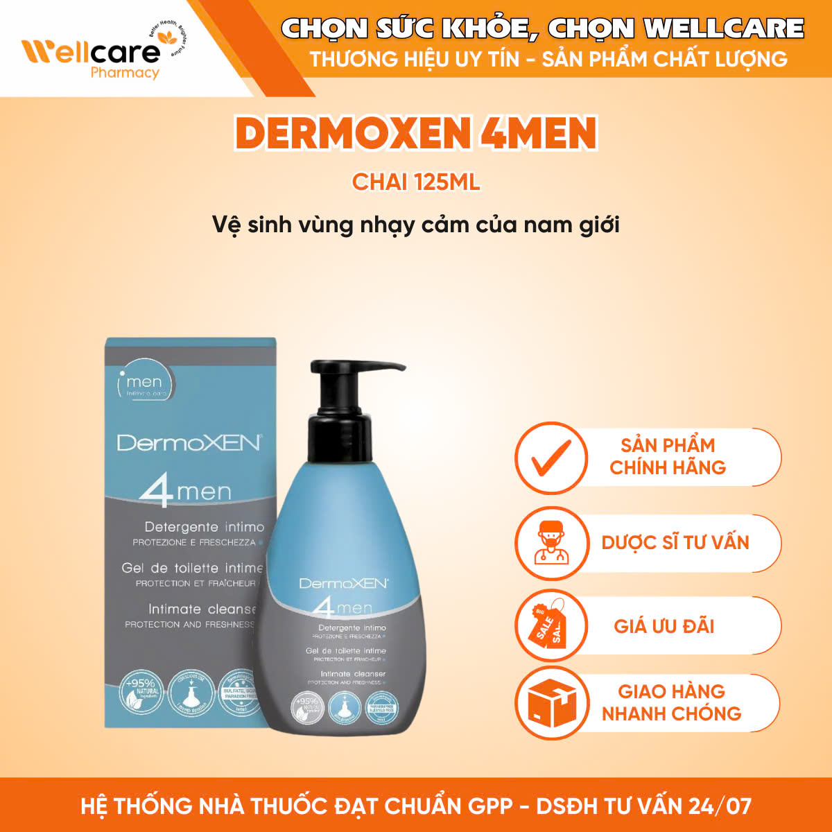 DermoXEN 4Men – Dung dịch vệ sinh cho nam, bảo vệ và khử mùi hằng ngày, tinh chất bạc hà (Chai 125ml)