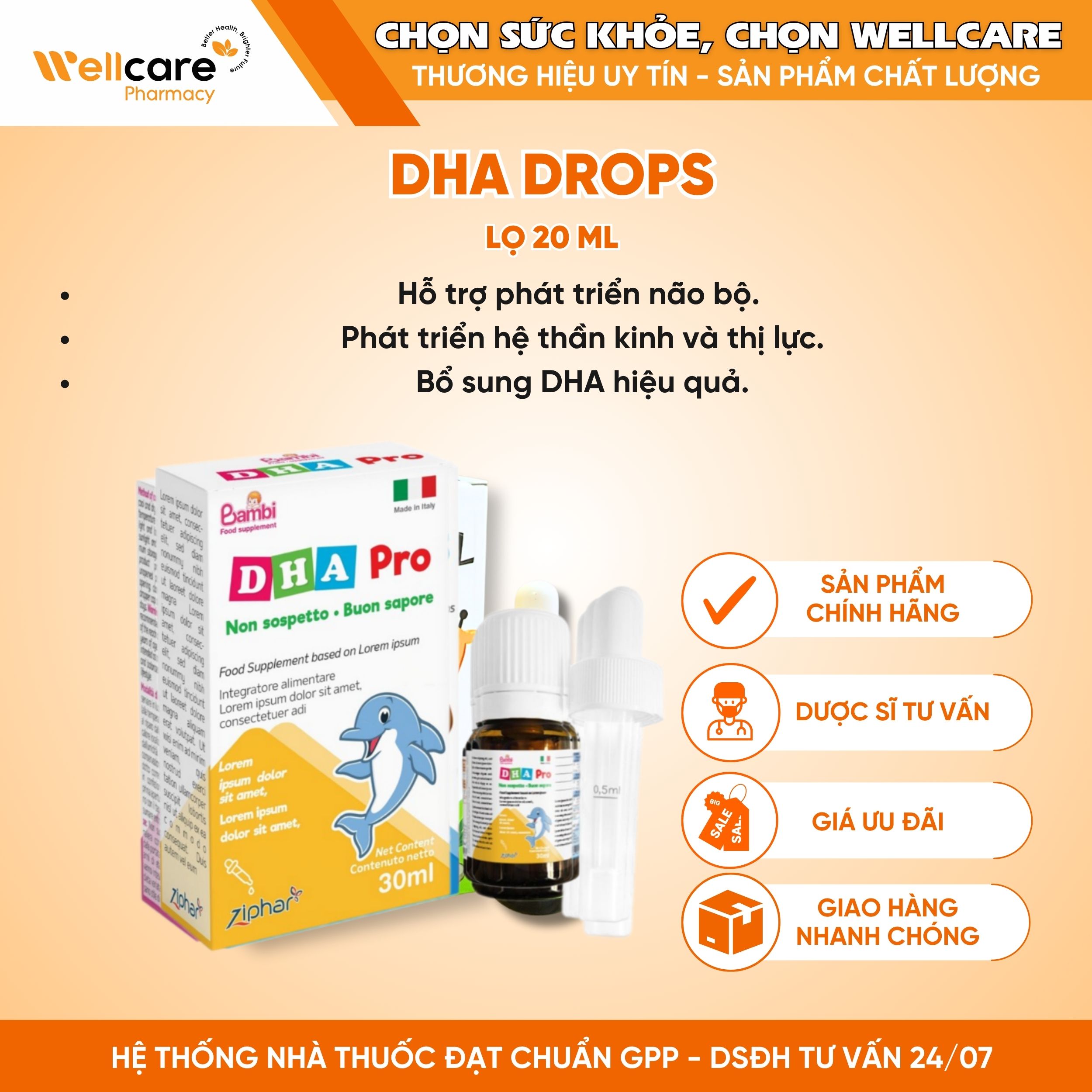 DHA Drops – Bổ sung DHA từ Vi Tảo giúp bé thông minh, mắt sáng tinh anh (Lọ 20 ml)