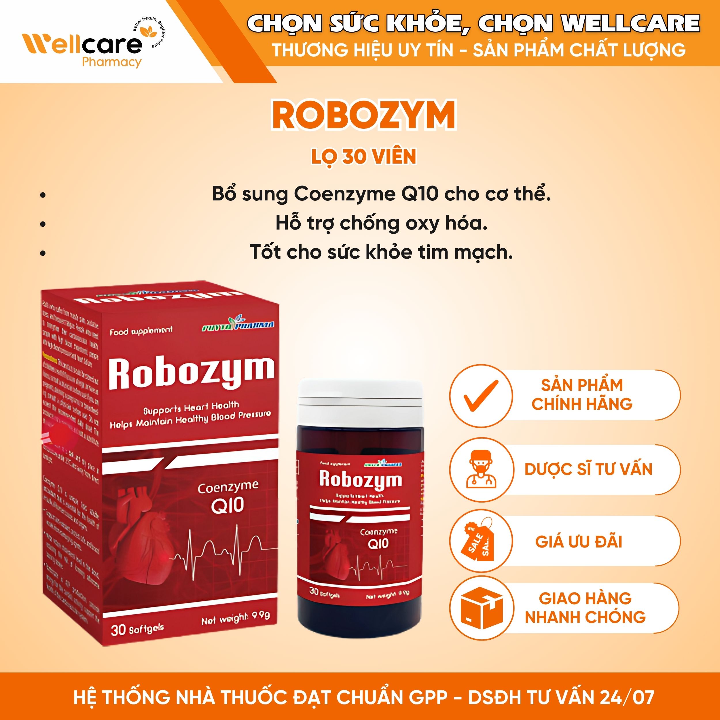 Robozym – Hỗ trợ sức khỏe tim mạch và chống oxy hóa hiệu quả (Lọ 30 viên)