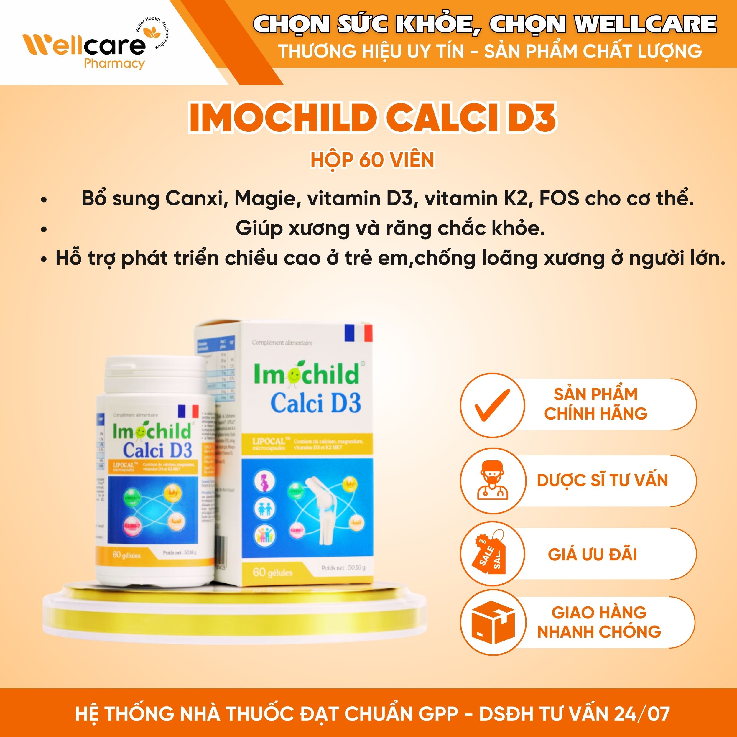 Imochild Calci D3 – Giải pháp bổ sung Canxi và Vitamin D3 tối ưu cho sức khỏe xương khớp (Hộp 60 viên)