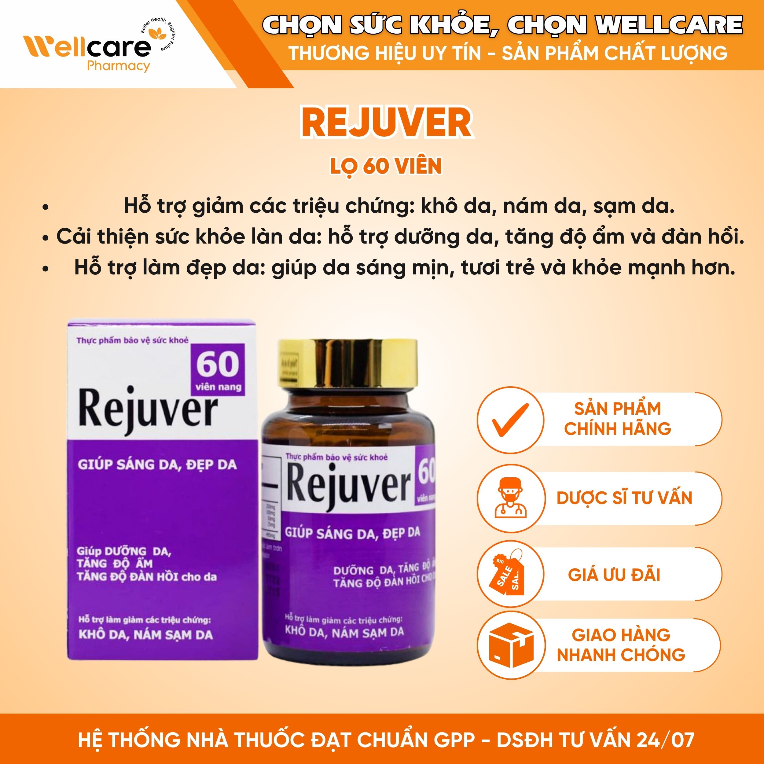 Rejuver – Bí quyết hỗ trợ làm đẹp và cải thiện làn da (Lọ 60 viên)